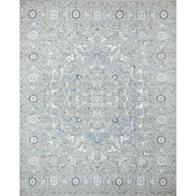 Tapis gris noué à la main de haute qualité, Rectangle 12 pi x 15 pi