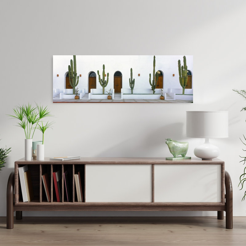 View of Cardon cactus plants outside a building Todos Santos Baja California Sur Mexico 1 Piece Wrapped Canvas Panoramic Wall Art