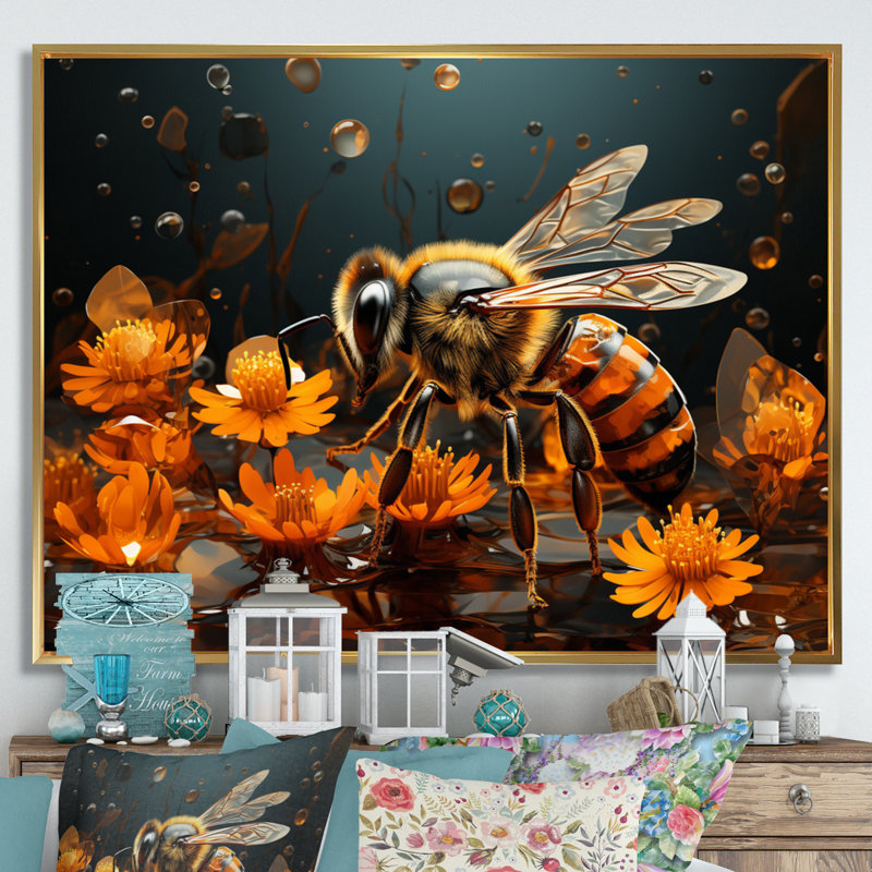 «Bee Buzzing Life», impression géométrique sur toile, H 24 po x l 32 po x P 1 po, Encadrement doré