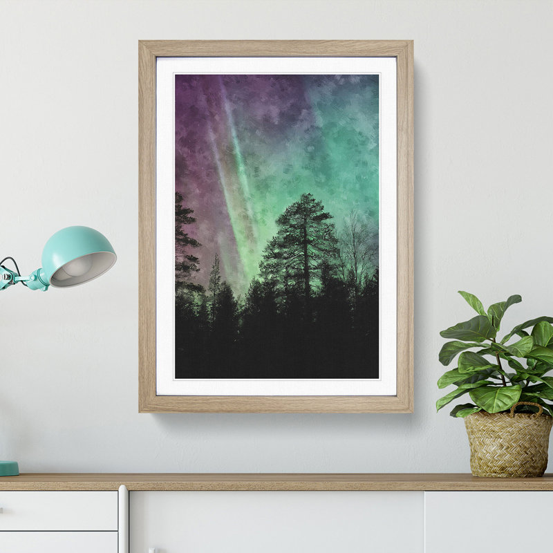 Northern Lights over the Forest - Picture Frame Graphic Art Print, 45cm H x 33cm W x 2cm D, Oak Framed