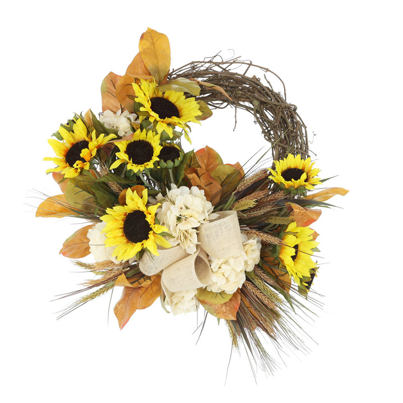 Linneus 23" Sunflower and Hydrangea Fall Wreath