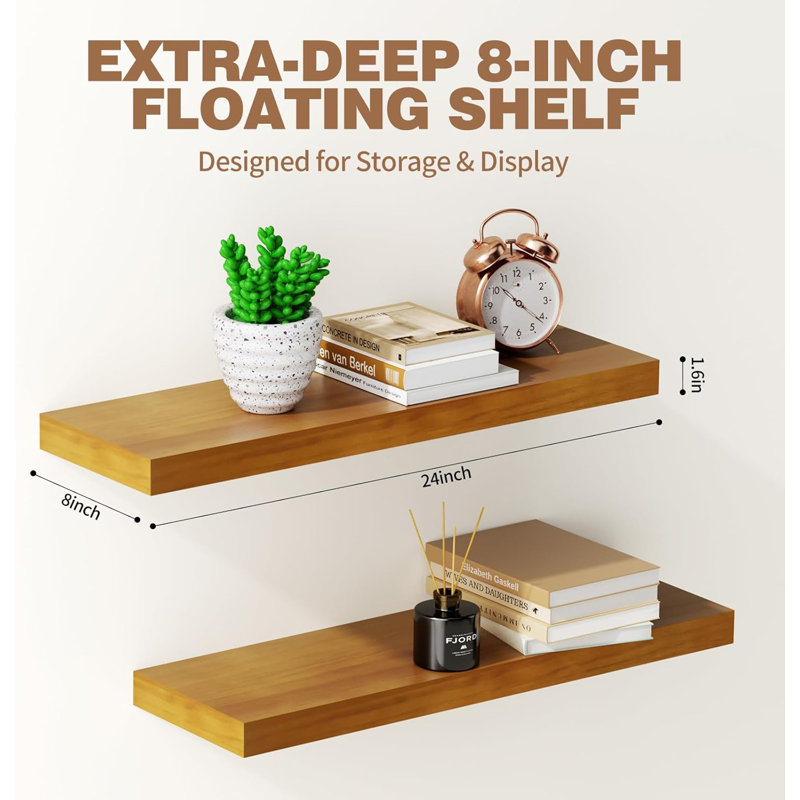 2-Pack 24×8×1.6 Inch Walnut Solid Wood Floating Shelves