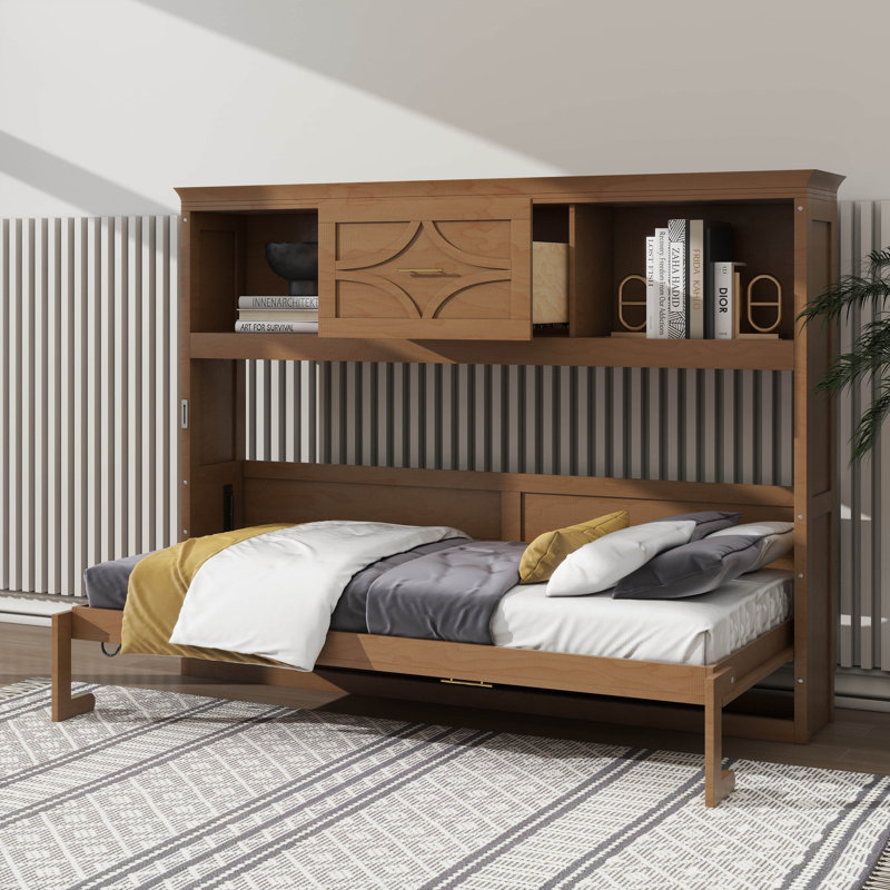 Lit escamotable simple avec station de charge intégrée et tiroir simple, Brun
