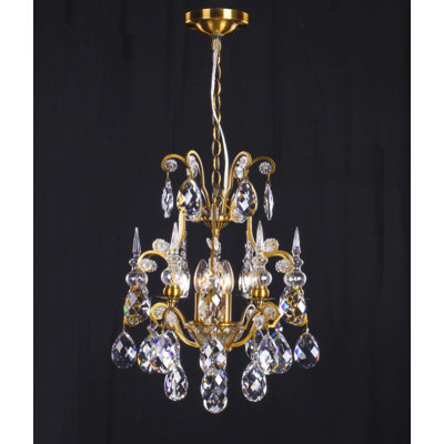 3-Light Brass Chandelier With Clear Crystals