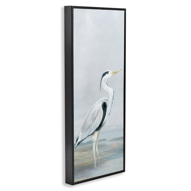 Giclée sur pied debout héron blanc, design par Lily K., H 30 po x l 13 po, Giclée encadrée noir minuit