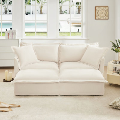 Slipcovered Sofa 2 Seater Sofa    With 2 Ottomans, 2 Seater Sleeper Sofa Bed Home Theater Oversized Sofa For Living Room, Chenille, Cream