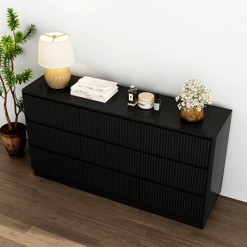 Commode 9 tiroirs pour chambre à coucher avec grands tiroirs, commode en bois de 63 po de largeur, grande commode au sol, meuble télé long et moderne, table d'appoint avec rangement Mid-Century, noir