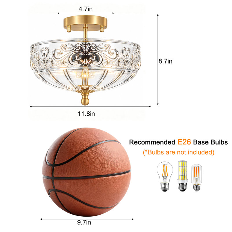 Plafonnier semi-encastré à 3 lumières en laiton antique de 30 cm (11,8 po) avec abat-jour en verre soufflé à la main à motifs