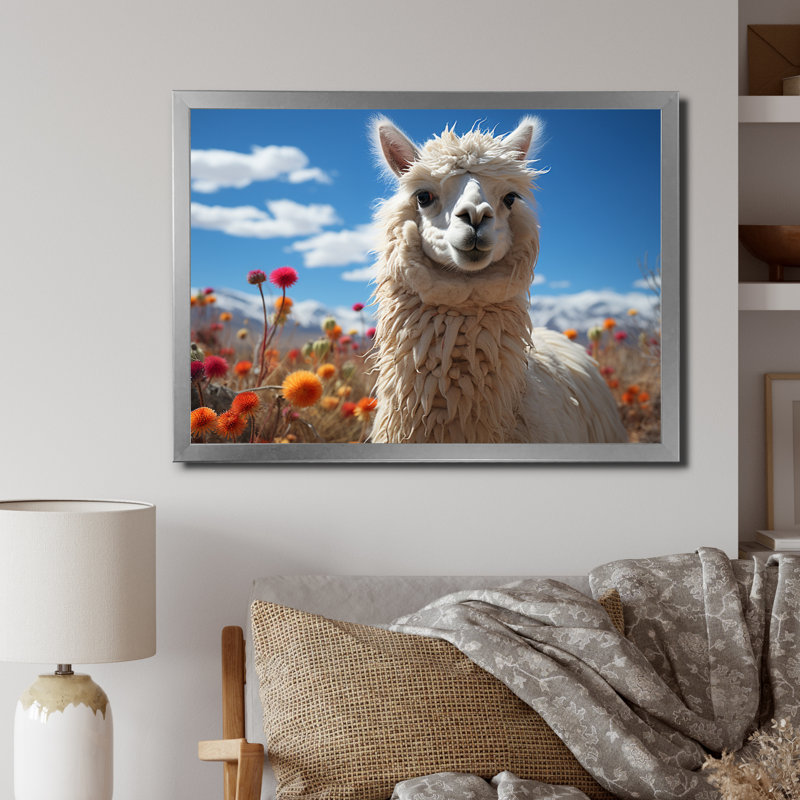 Beige noir lama dans un champ de fleurs, reproduction de photo sur toile, H 12 po x l 20 po x P 1 po, Cadre simple argenté