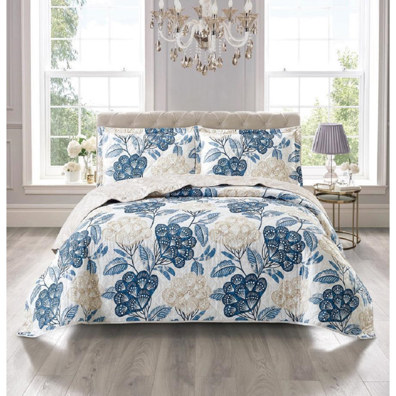 Printed Bedspread Set Floral Pattern with Matching Pillow Shams, Soft Microfiber Coverlet, Lightweight & All-Season Bedding