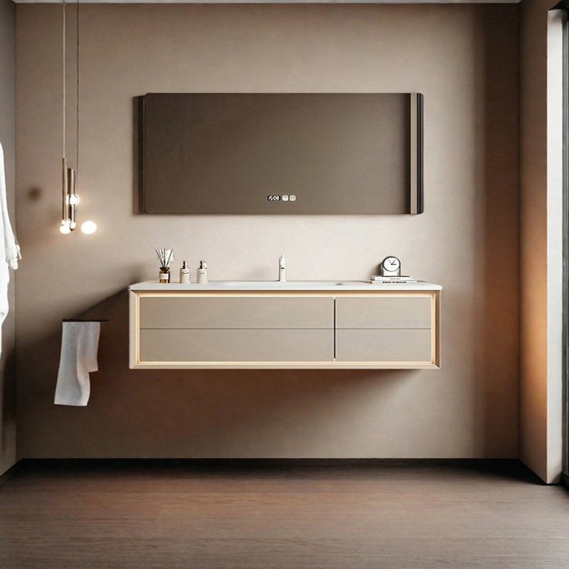 Armoire de salle de bain simple et moderne de style crème, H 19,68 po x l 59,05 po x P 21,65 po, Beige