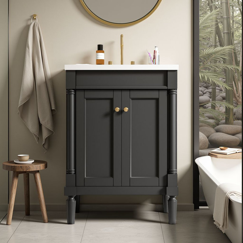 Meuble-lavabo autoportant 24 po avec lavabo en céramique, armoire de rangement avec cadre en bois massif et tablette de rangement 24 po