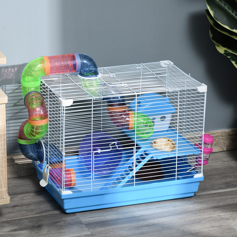 Cage à hamster 18 "2 en bleu avec roue et bouteille d'eau