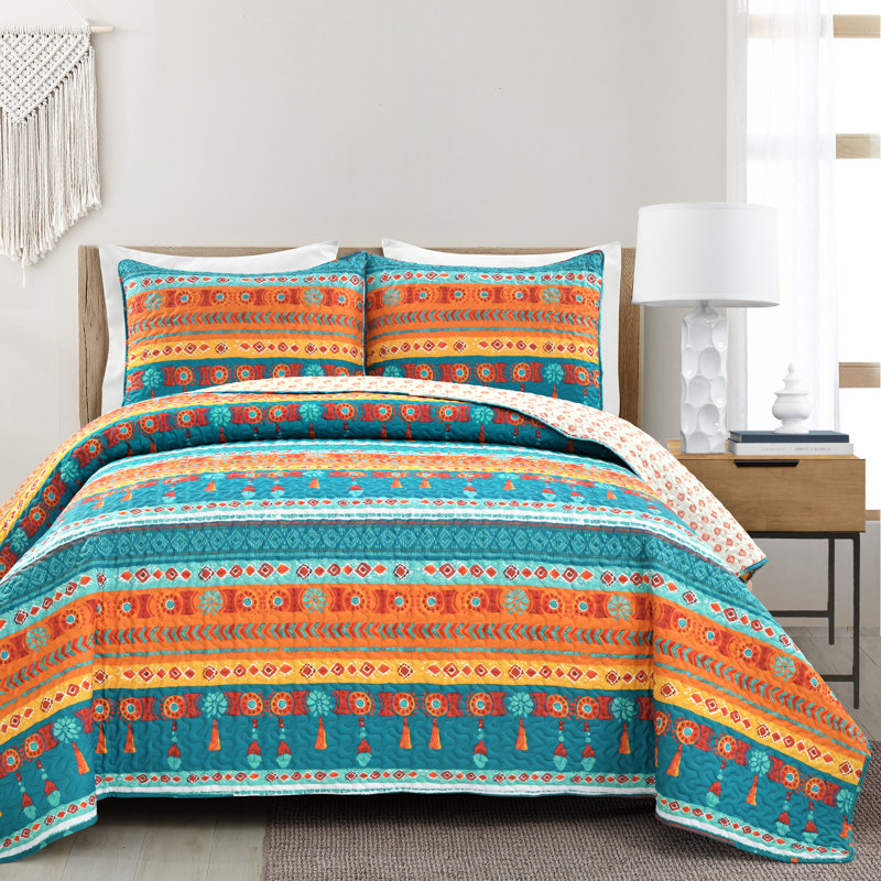 Blue/Orange Microfiber Reversible 3 Piece Quilt Set, Full/Queen Quilt + 2 Shams