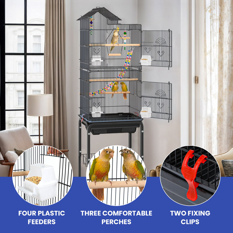 Large Black Metal Bird Cage with Rolling Stand and Toys