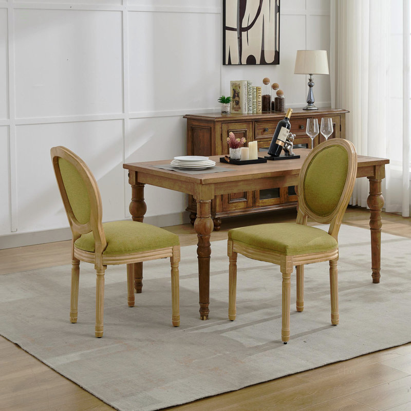 Meuble, ensemble de 2 chaises de salle à manger avec cadre en bois massif de style français, Vert olive