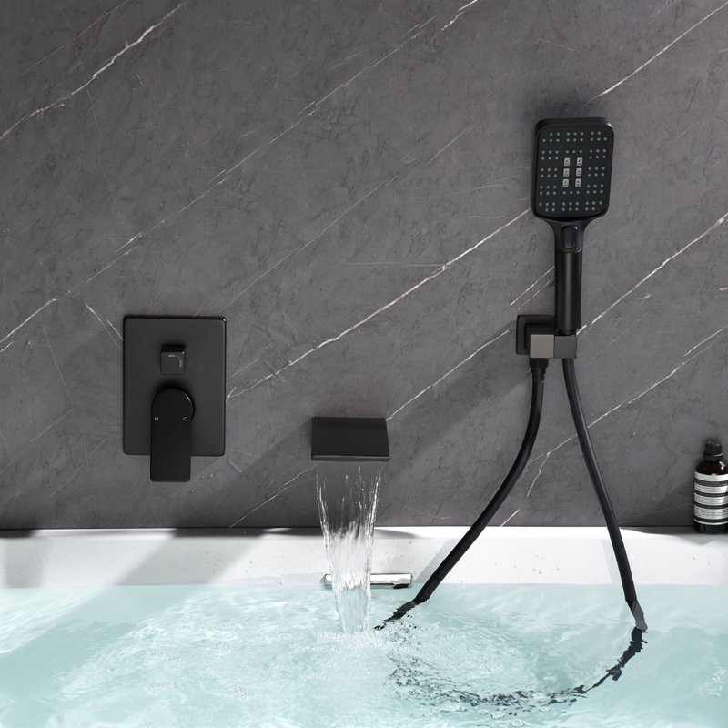 3 Hole Wall Mounted Tub Faucet With Hand Shower Waterfall Bathtub Faucet Brass Single Handle Tub Fillers With Valve