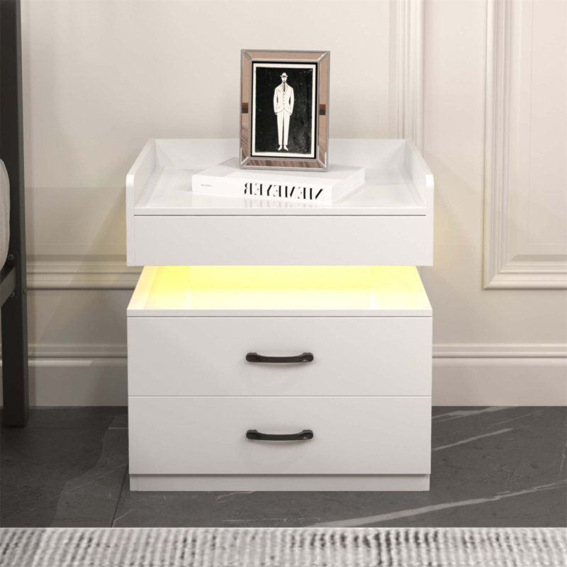 Table de chevet polyvalente avec bande lumineuse à DEL réglable, 2 tiroirs et grand rangement, parfaite pour le chevet, le salon ou le bureau