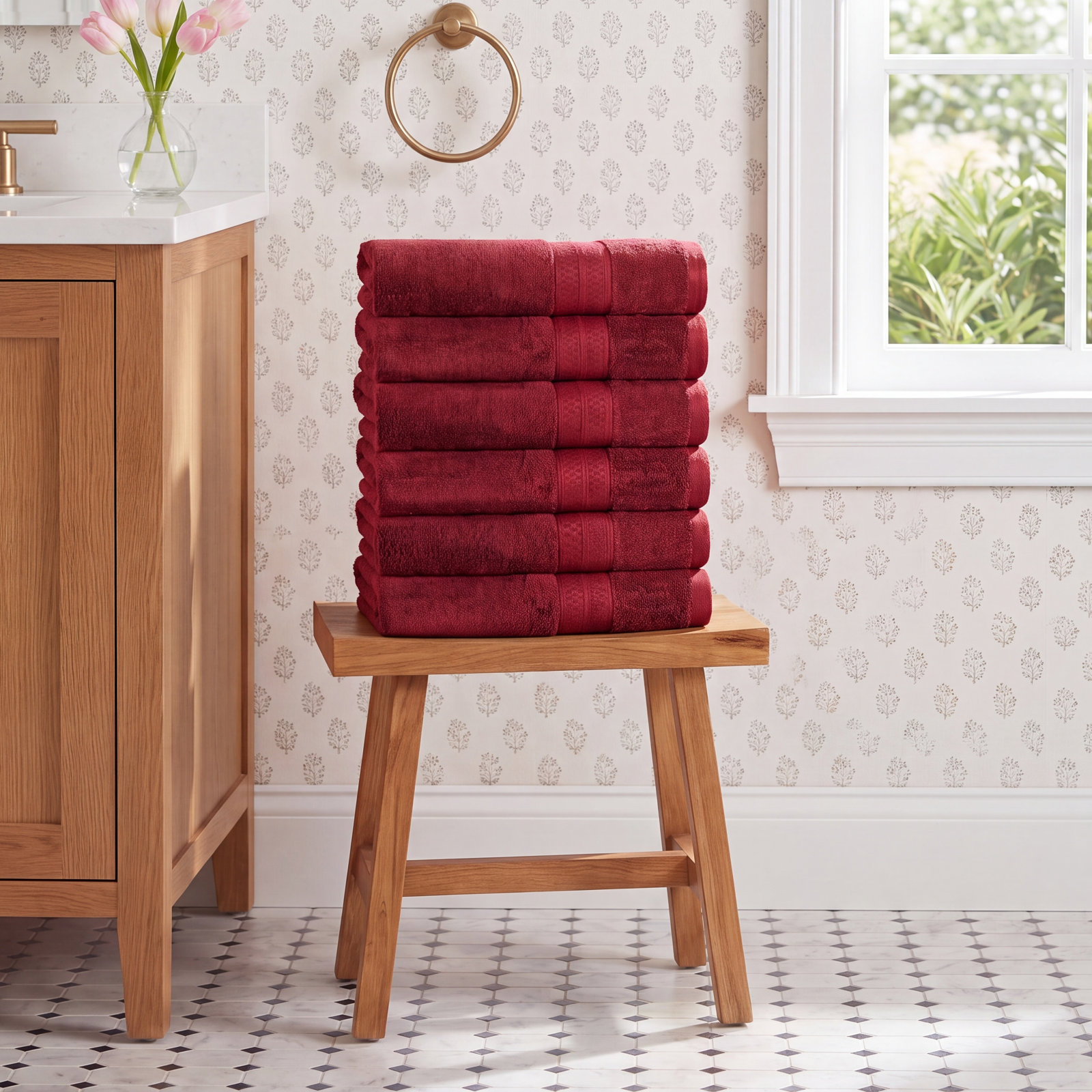 Nolhan Bamboo Cotton Hand Towel Set, Crimson
