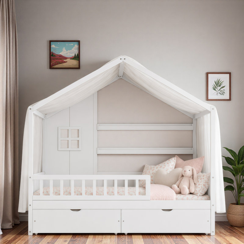 Lit pour enfant avec toit, rideaux, 2 tiroirs de rangement et 2 tablettes de rangement Montessori, Lit simple, Blanc
