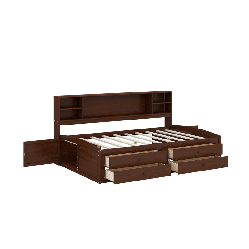 Full Size Wooden Captain Bed With Built-In Storage Shelves, Drawers And Cabinets