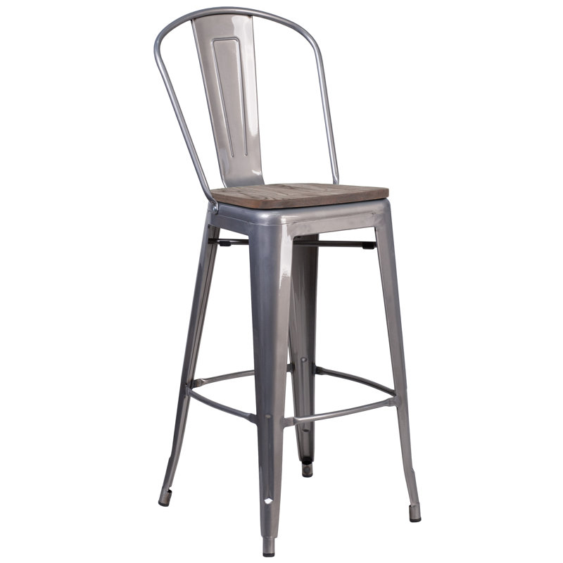 Tabouret de bar ou de comptoir en métal Marian avec dossier et siège en bois Marian, Gris, 1