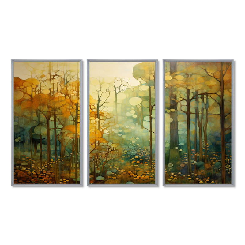 Collage rétro bois d'automne - ensemble d'art mural forêt, Encadrement argenté, H 32 po x l 48 po x P 1 po