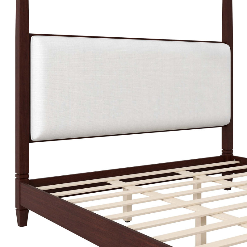 Très grand lit plateforme à baldaquin avec tête de lit tapissier, avec pieds de support en lattes de bois, espresso, Espresso