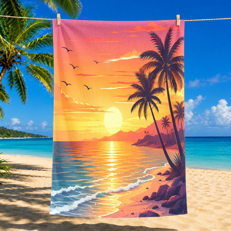 1PCS Tropical Sunset Beach Towel, Vibrant Palm Trees & Ocean View, Quick Dry Microfiber for, Pool, Travel, Camping, Boho Style