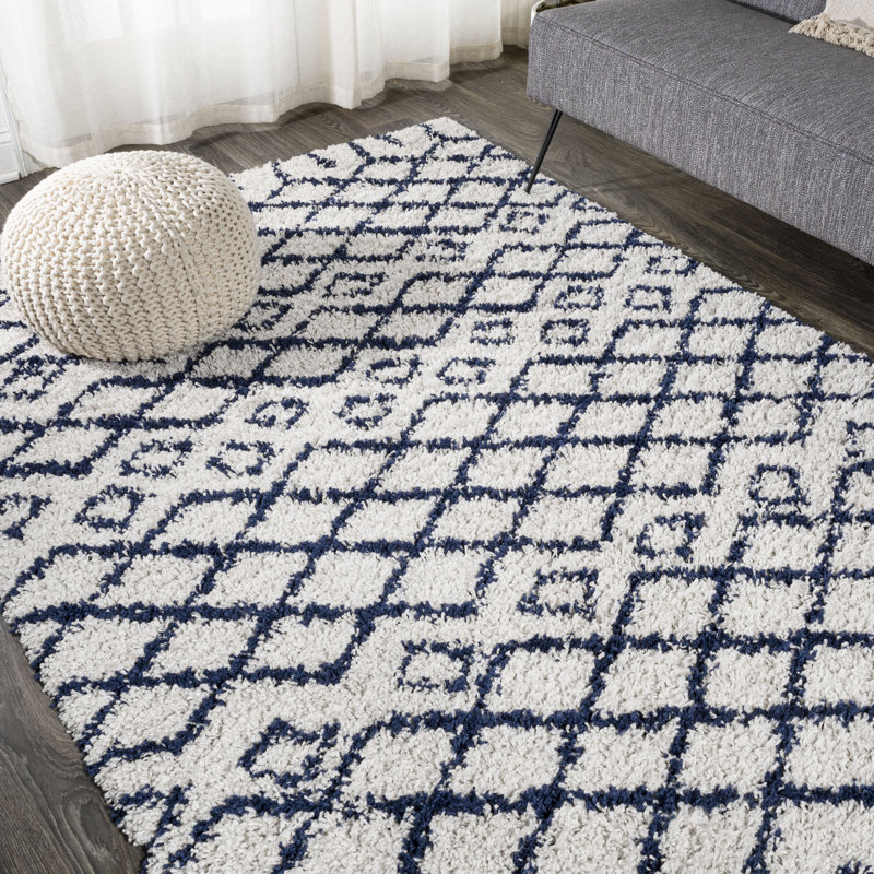 Sineu Moroccan Diamond Shag Beige/Navy Rug, Rectangle 5'3" x 7'7"