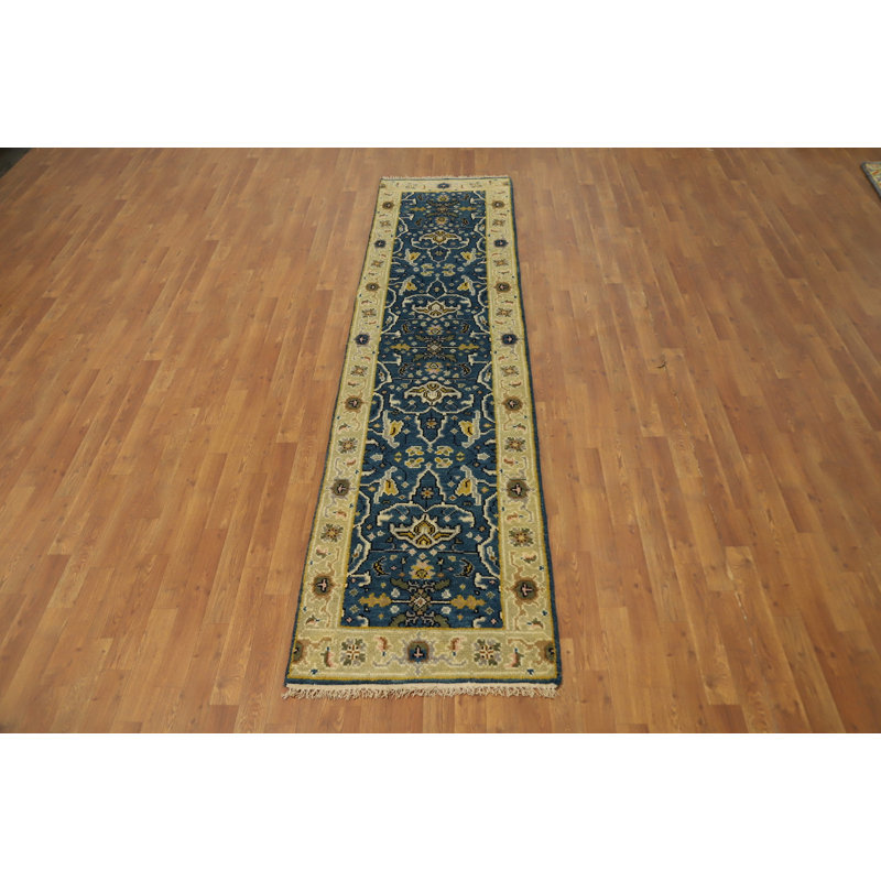 Tapis de couloir en laine fait à la main bleu Oushak 2 x 10