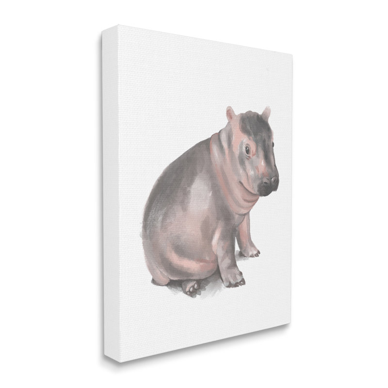 Illustration d'un bébé hippopotame assis sur fond rose doux, Toile tendue, H 20 po x l 16 po