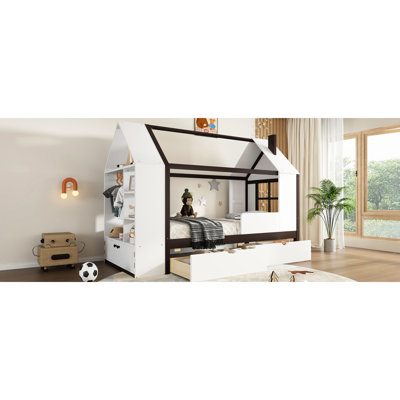 Lit simple en bois massif avec tiroirs et tablettes de rangement, blanc et ludique, fonctionnel et attrayant