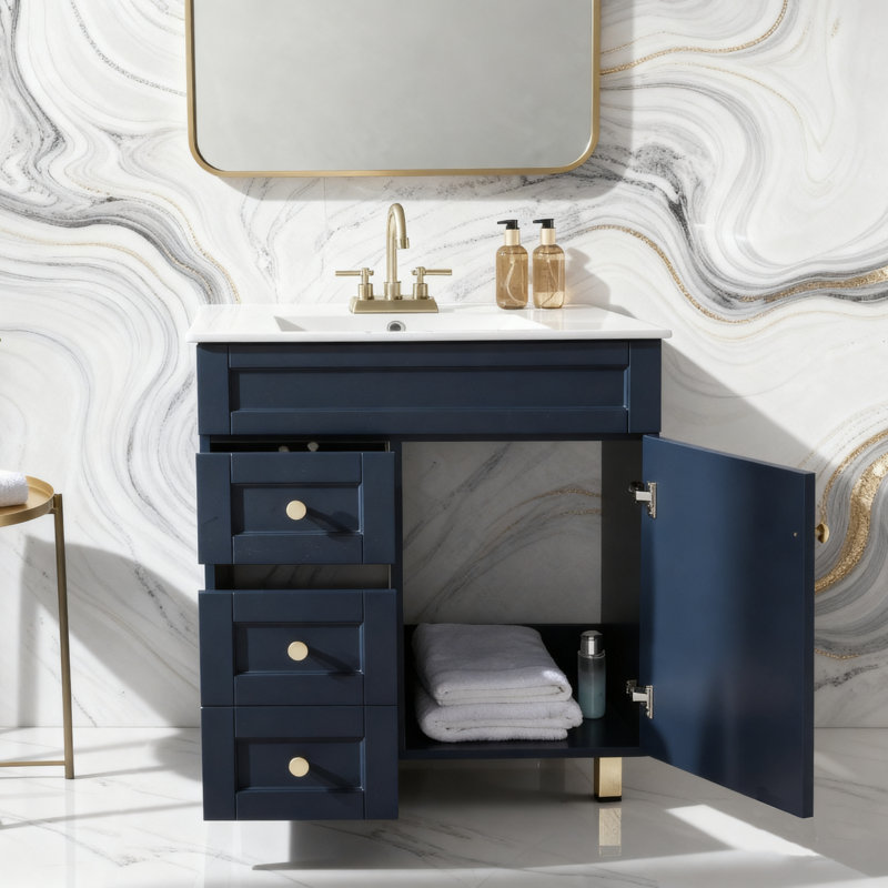 30" Modern Free-Standing Single Bathroom Vanity With Ceramic Top, Gray