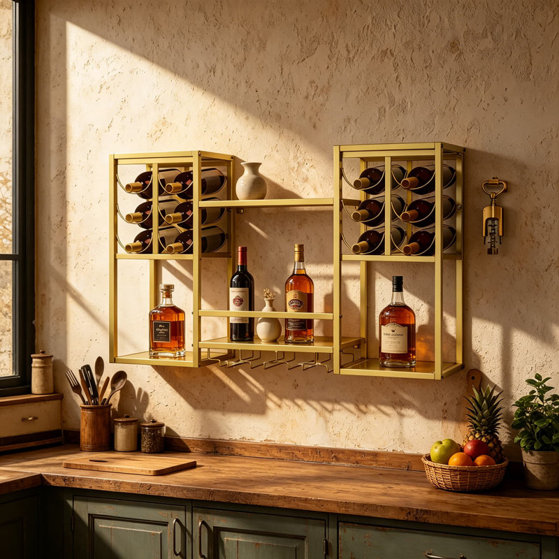 Wall Mounted Wine Rack With Glass Holders, Tiered Floating Bar Shelf For Home, Sturdy Metal Hanging Liquor Storage And Display Unit