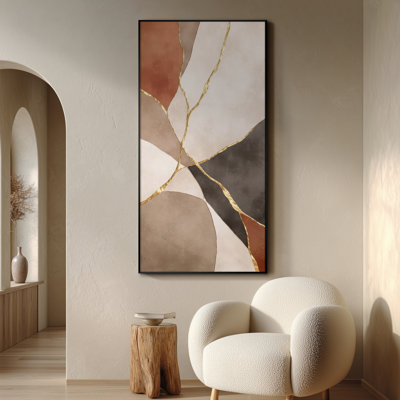 Geometric Gold Line Neutral Abstract Wall Art for Living Room or Bedroom - "Frame Assembly Required (Unfinished Frame)"