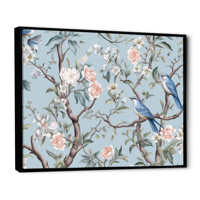 Minimalisme, oiseau sur fleurs II, reproduction sur toile, H 16 po x l 32 po x P 1 po, Cadre flottant noir
