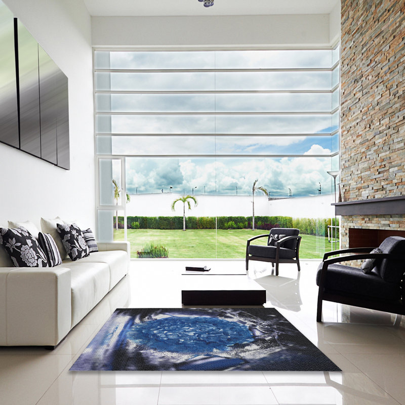 Tapis bleu/noir à motifs, Carré 3 pi