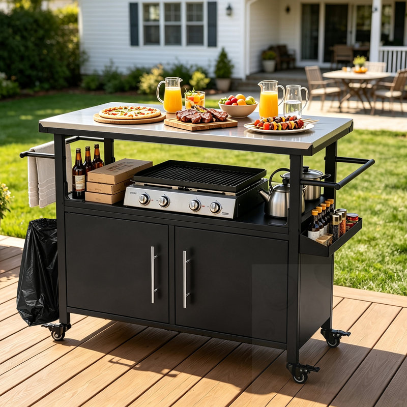 Chariot-bar roulant extérieur avec support et armoire