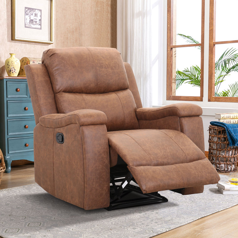 Ilkeston 37" Wide Modern Vegan Leather Manual Recliner Chair with Built-in Cup Holder, Cognac