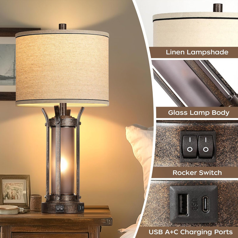 26" Farmhouse Table Lamps for Living Room Rustic Beside Lamps for Bedroom with USB A+C Charging Ports (Set of 2), Bronze