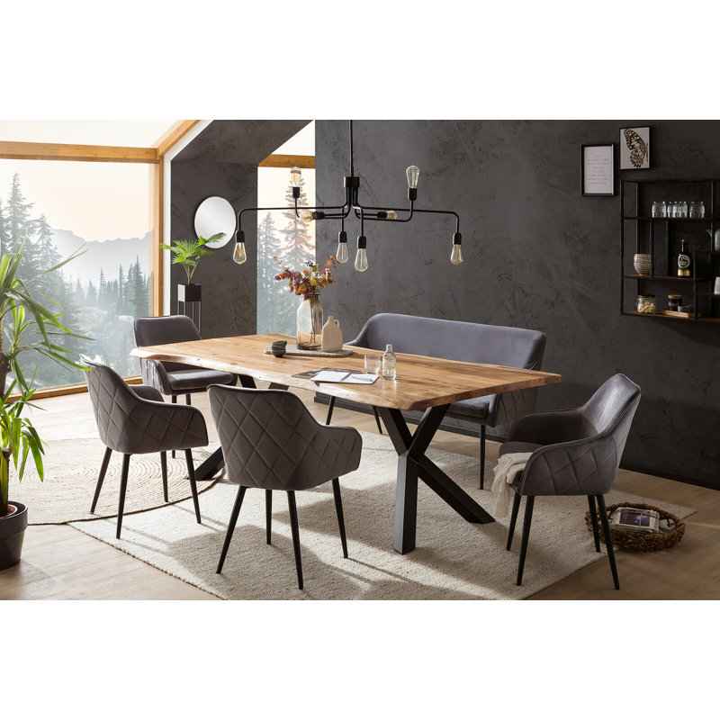 6 - Person Dining Set, Natural/Gray/Black, Black, grey and natural, 75cm H x 240cm W x 110cm D