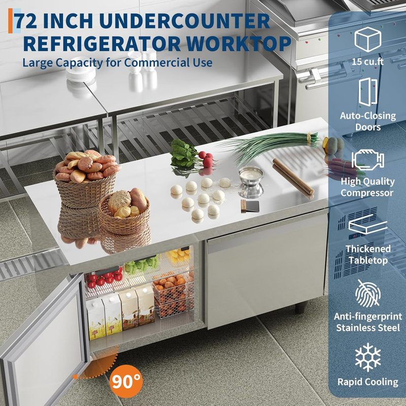 Réfrigérateurs commerciaux en acier inoxydable de 72 po de largeur pour restaurant, 2 portes 18 pieds cubes, comptoir, comptoir, atelier, etc.