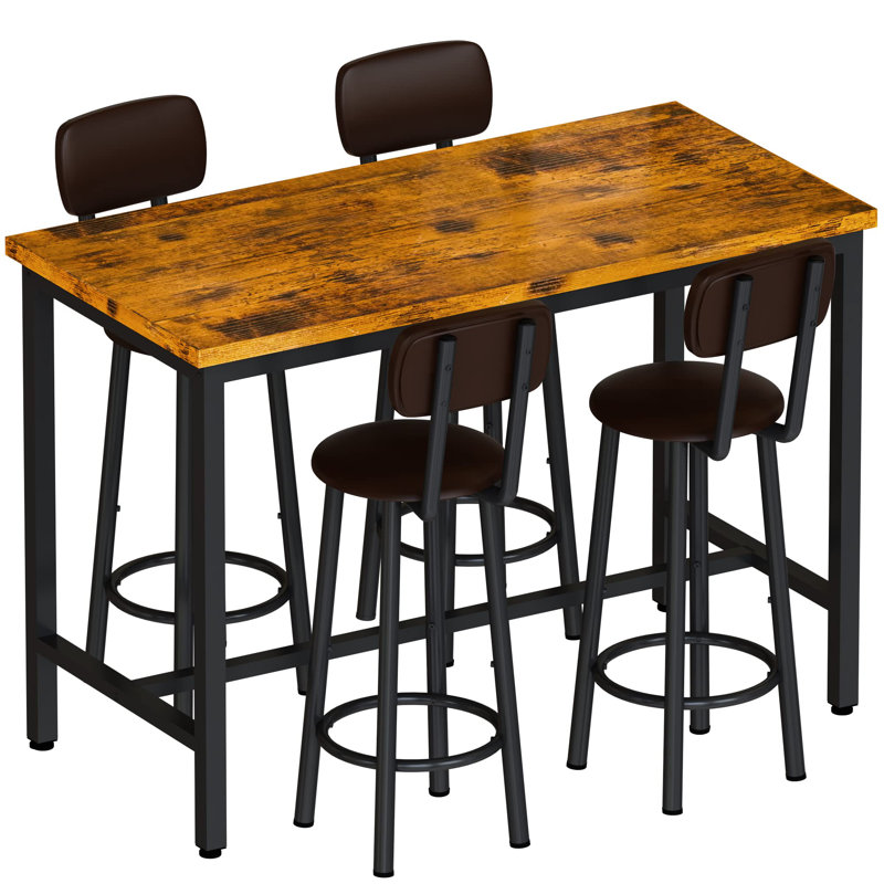 Industrial Bar Table Set with 4 PU Stools - Counter Height, Space-Saving 5-Piece Dining Set (43” L), Brown/Black