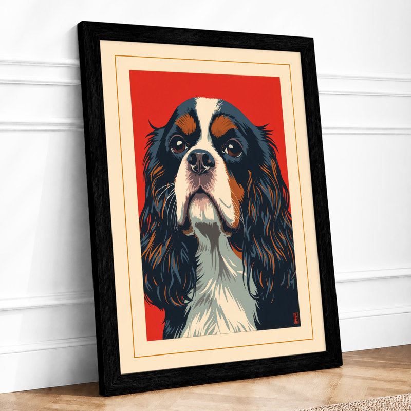 Spaniel in Red Japandi - Framed Print, A4 - 29.7 x 21.0 cm, Black