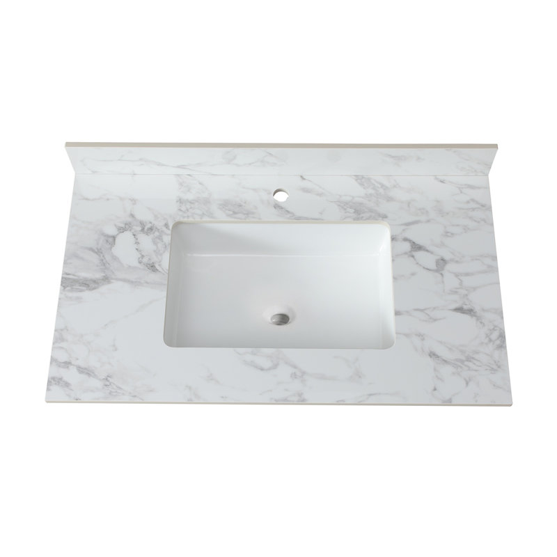 Plateau de meuble-lavabo en pierre frittée blanche 37 po avec dosseret rectangulaire en céramique et dosseret Carrara