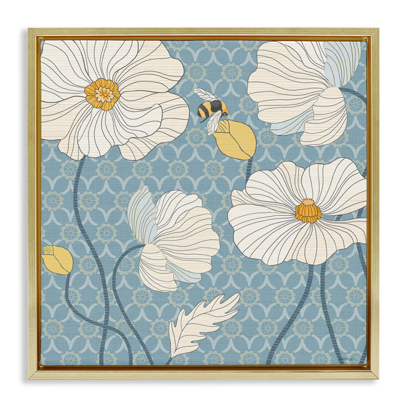 "Wild Poppies & Bee", art mural sur toile flottante par Levison Design, Cadre flottant métallique doré, H 25 po x l 25 po