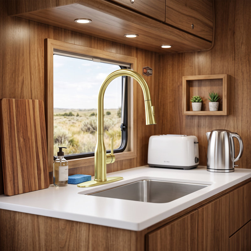 Brushed gold single-handle high-arc kitchen sink faucet with a retractable pull-down spray head; dual-function kitchen sink faucet.