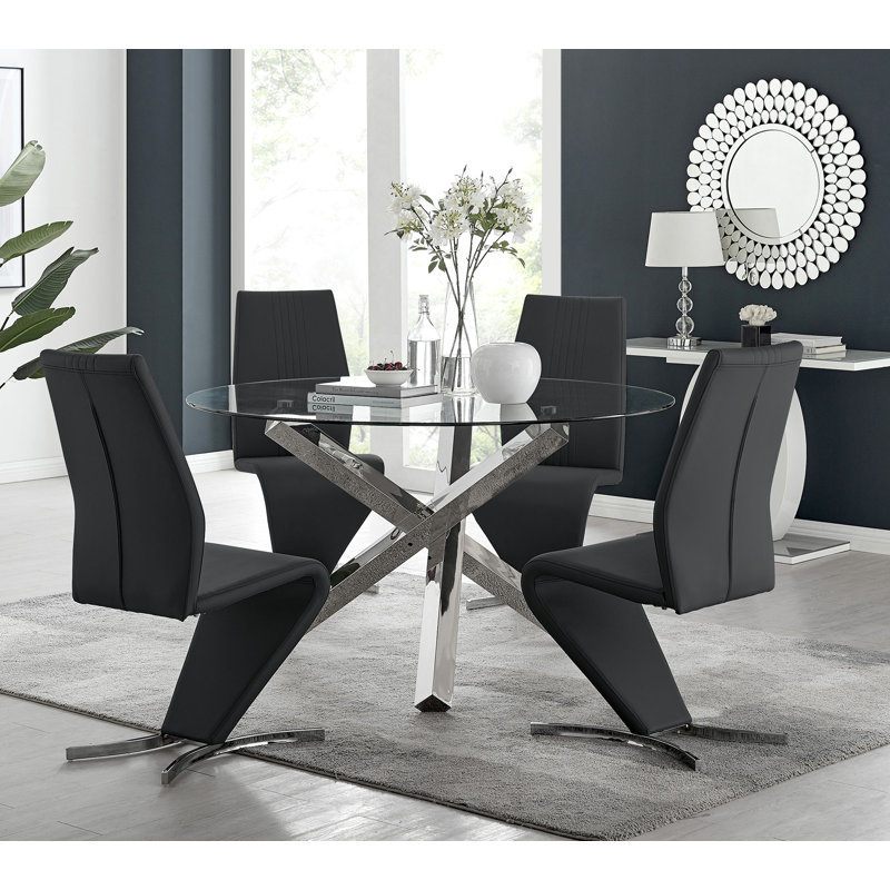 Vogo Modern Design Chrome and Glass Dining Table Set with 4 Modern Design Faux Leather Dining Chairs, Black