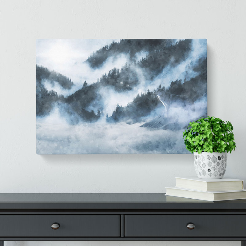Grey Wolf In A Winter Forest Painting - Wrapped Canvas, 50cm H x 76cm W x 3cm D